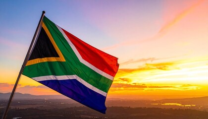 Obraz premium South Africa flag waving on pole, colorful Y-shape design, sunset landscape background, symbol of national pride, unity, heritage, culture, and identity with warm sky tones.