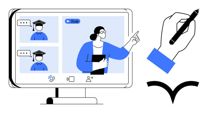 Online learning, remote classes, education technology, teaching concepts, virtual communication, skill training. Teacher interacting with students on video call, pen and symbols of writing. Online