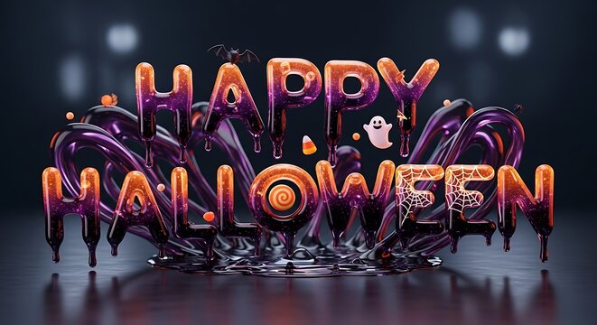 Happy Halloween 3D text with candy ghost spider web purple orange decorations