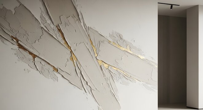 Abstract textured wall with gold accents, modern interior design element, artistic plaster application