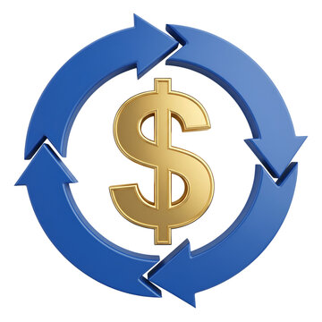 Golden dollar sign in circular blue arrows on transparent background business finance concept loop recycling