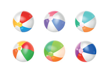 Naklejka premium Realistic beach balls. 3d inflatable ball, colorful toy pool sand sea swim sport game summer season holidays vacation fun isolated rubber beachball set exact vector illustration