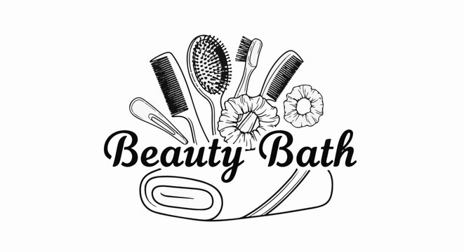 Sketchy illustration of hair and bath accessories surrounding text