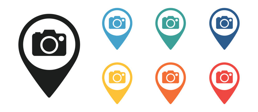 Camera map icon, photo location symbols, photography marker graphics, navigation concept, vector illustration