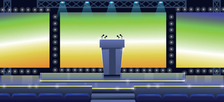 Empty conference stage. Auditorium hall podium scene screen backdrop for speaker corporate event or show concert, seminar business conference meeting classy vector illustration