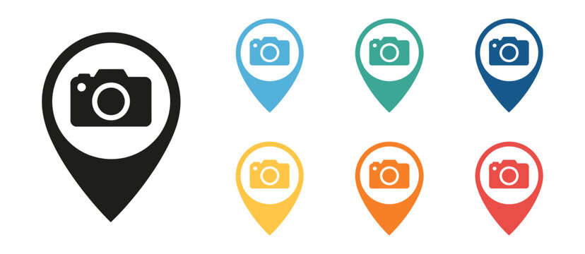 Camera map icon, photo location symbols, photography marker graphics, travel destination concept, vector illustration
