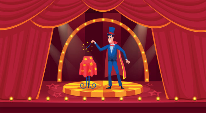 Magician on stage. Wizard magic trick circus show performance at arena inside tent fair dome, amusement conjurer cartoon illusionist background, qualitative vector illustration