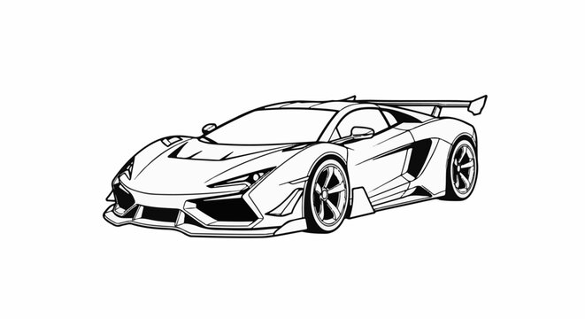 Sleek black and white line art of a modern sports car with a spoiler