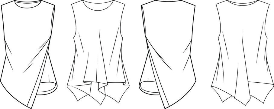 Women asymmetric draped top technical drawing, sleeveless blouse front and back views, flowing hem fashion design template &ndash; vector illustration