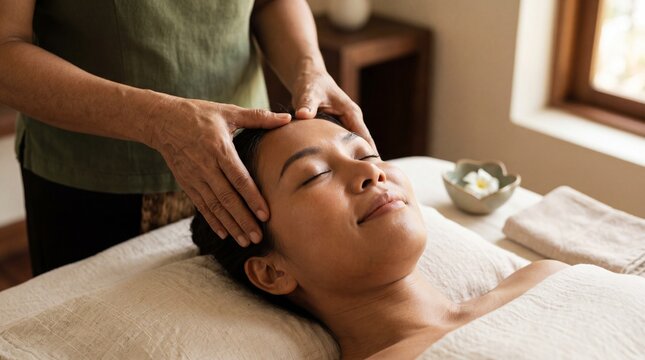 A moment of serene bliss as a woman receives a gentle head massage, promoting relaxation and well-being. Capturing the essence of tranquility and personal care.