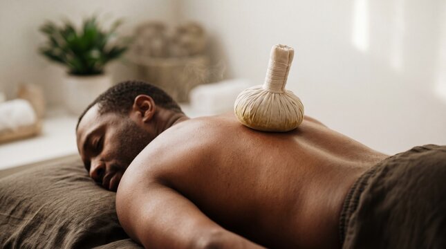A relaxed individual undergoes a traditional herbal compress massage, enjoying the therapeutic touch and rejuvenating ambiance in the spa.