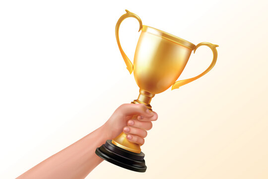 Golden cup in hand. Realistic hands hold gold award, winner trophy prize sport champion achievement success win competition awards ceremony 3d isolated exact vector illustration