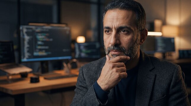 An expert coder's focused gaze suggests deep thought and problem-solving, his office a haven of advanced technology. 