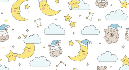 Obraz premium cute night sky pattern with moons stars clouds and animals