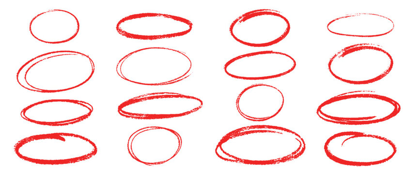 Crayon ovals. Hand drawn red oval, circle underline ellipse highlight round shape doodle pen scribble sketch brush line stroke pencil chalk marker qualitative vector illustration