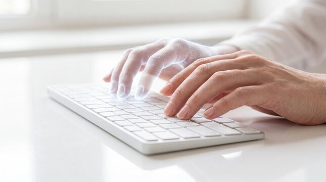 A pair of hands fluently types on a sleek computer keyboard. Capturing the essence of connection and communication. 