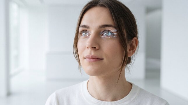 A thoughtful woman with enigmatic eyes contemplates the horizon in a minimalist setting, bathed in natural light. Capturing contemplation and introspection.