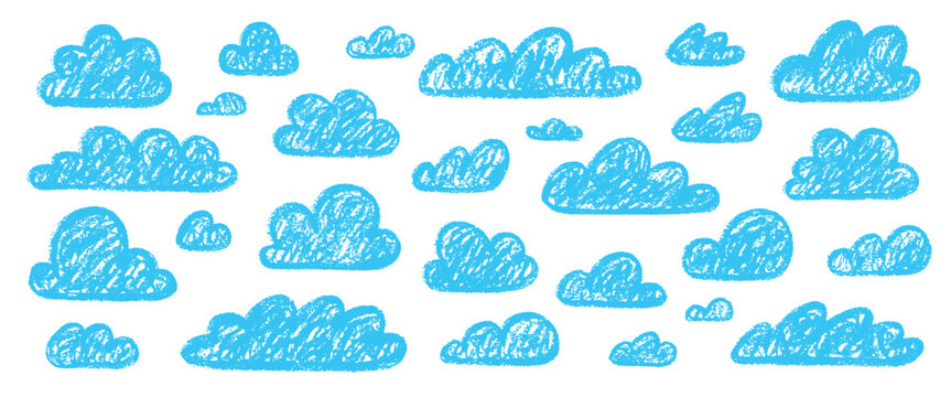 Crayon clouds. Hand drawn cloud sky, cloudy weather pastel texture kids chalk pencil brush stroke doodle cute children drawing summer cloudy element qualitative vector illustration