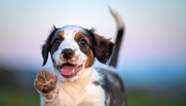 Adorable Puppy Waving Paw Outdoors.