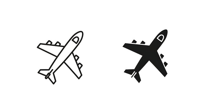 twin-engine passenger airplane and private jet icon set isolated on transparent background