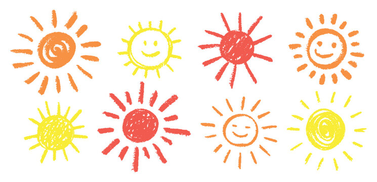 Crayon suns. Doodle sun, hand drawn child scribble yellow sketch summer energy sunlight beams fun chalk pastel circle pencil texture weather element qualitative vector illustration