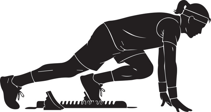 Female sprinter silhouette in starting blocks, athletic woman runner at start line, track and field athlete vector illustration, competitive racing concept