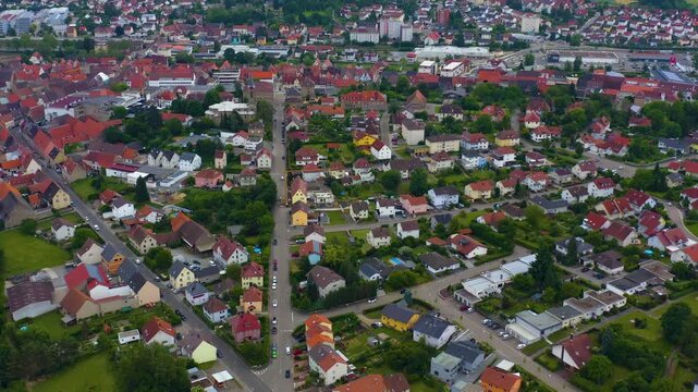 Aerial view of old town of the city Eppingen in Germany on cloudy day in Spring. 
