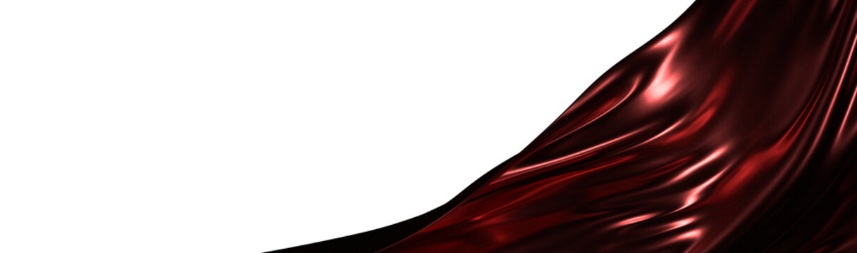 Dramatic view of a flowing red satin fabric with a glossy finish, creating a sense of luxury and elegance against a whit