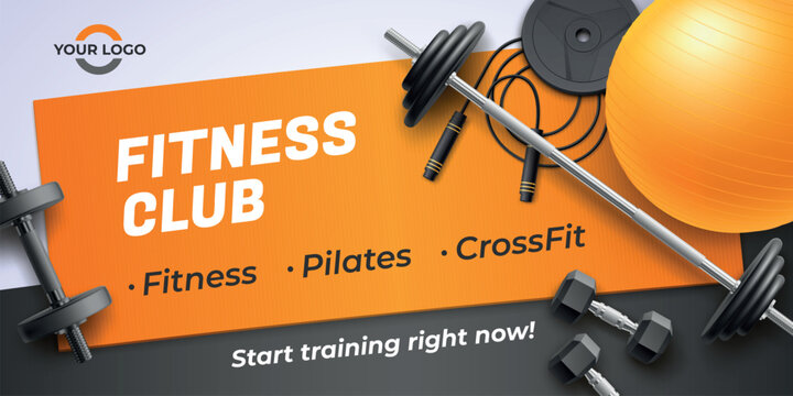 Realistic gym banner. Fitness club poster ad brochure template, workout training equipment bodybuilding exercise skipping rope dumbbell, sport design garish vector illustration
