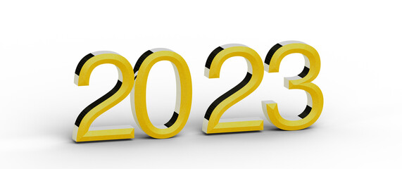 3D render of the year 2023 in yellow with black accents. Perfect for new year greetings and celebrations. © vege