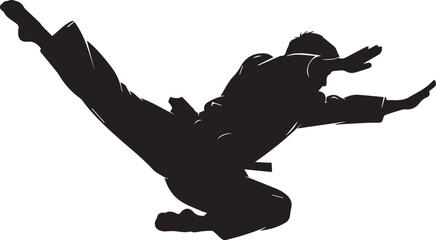 Martial arts fighter silhouette performing flying kick, karate athlete in mid-air action pose, black vector illustration of taekwondo master © kazi Motassim Billah