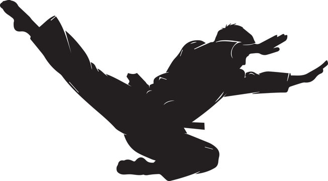 Martial arts fighter silhouette performing flying kick, karate athlete in mid-air action pose, black vector illustration of taekwondo master