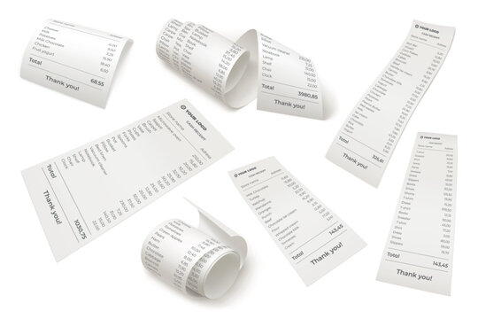 Realistic purchase receipt. Bill paper invoice slip ticket, 3d isolated mockup folded roll check supermarket store grocery restaurant cash pay cheque garish vector illustration