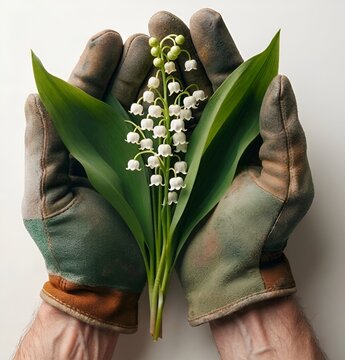Mains de travailleur ouvertes pour offrir du muguet