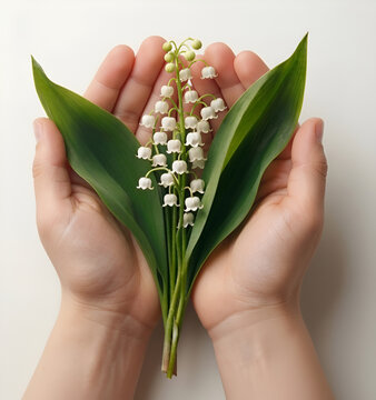 Mains d'enfant ouvertes pour offrir du muguet