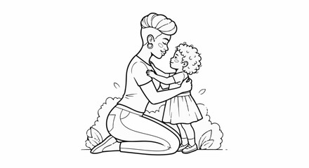 Obraz premium A mother kneels, embracing her daughter amidst foliage