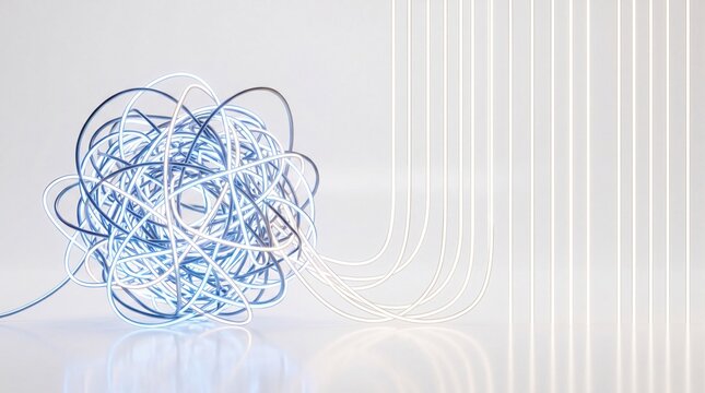 A complex ball of tangled wires, a visual representation of confusion and disarray, rendered in a striking combination of blue and white, offering an abstract yet compelling illustration.