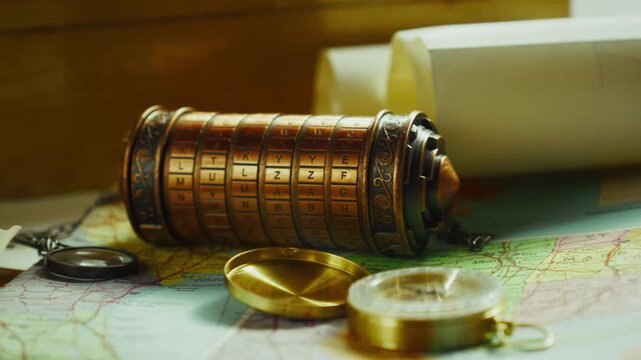 Slide movement reveals a cryptex among map and compass, creating a sense of layered clues and discovery, suited for treasure hunt or escape room style content.