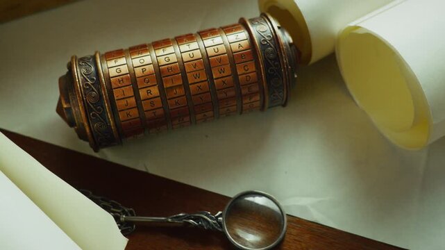 Slow dolly zoom toward a cryptex with scrolls and magnifying glass, heightening suspense before a coded secret is revealed, perfect for mystery or puzzle storytelling.