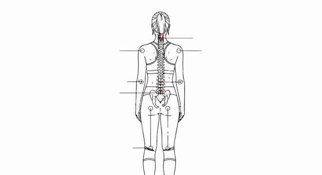 Anatomical diagram of the human posterior spine with highlighted points