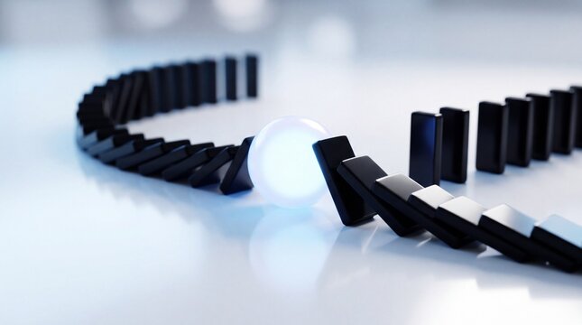 A luminous orb sets off a chain reaction of dominoes in this dynamic, artistic studio shot, highlighting the interconnectedness of cause and effect.