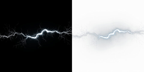 Naklejka premium Blue and white lightning bolt isolated on transparent and black background with electric current and energy flow in a design format, light overlay, PNG