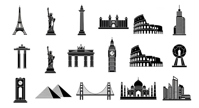 Collection of famous world landmarks and monuments silhouettes.