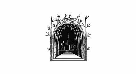 Fototapeta premium Stylized bamboo archway frames a silhouetted cityscape, path leads forward