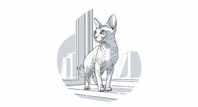 A hairless cat with large ears stands alertly on a windowsill indoors
