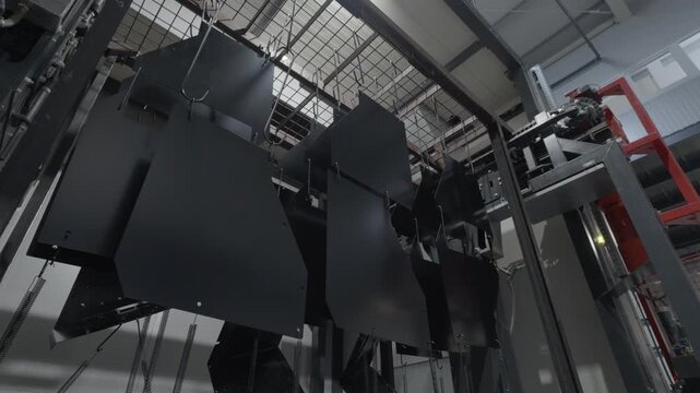 Finished metal sheets exiting the curing oven after the KTL (cathodic dip coating) process. The video highlights the final product