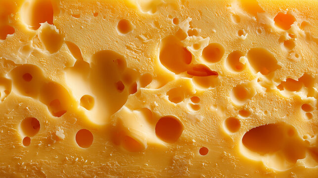 Macro of cheese texture with holes, yellow tones, detailed surface