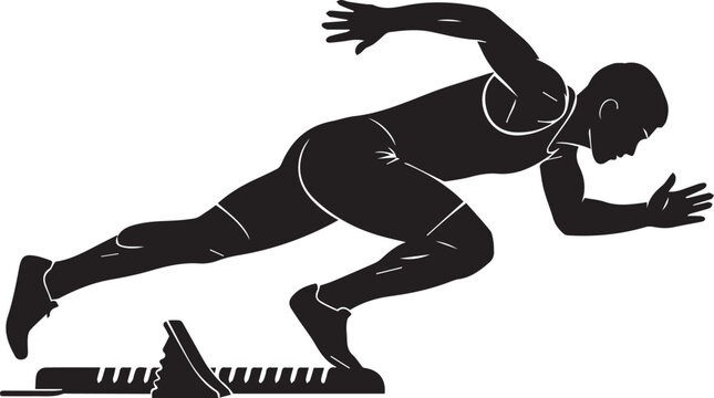 Athletic sprinter silhouette starting race, professional runner launching from starting blocks, black and white track and field sports vector icon