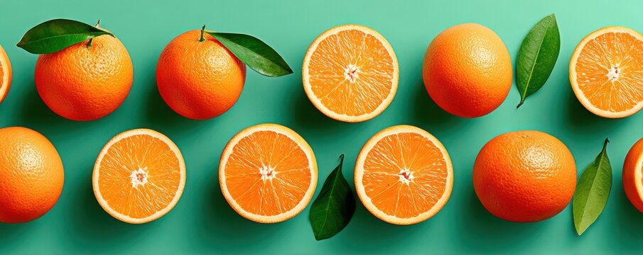 Fresh oranges and citrus halves arranged symmetrically on a teal background for healthy food imagery