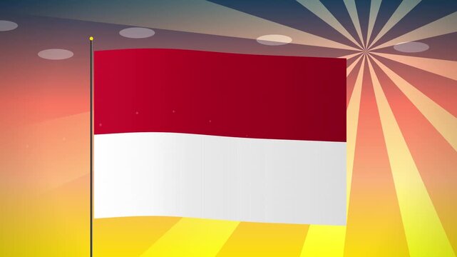 The Indonesian flag waving against a backdrop of yellow and red rays of light, representing national pride and celebration